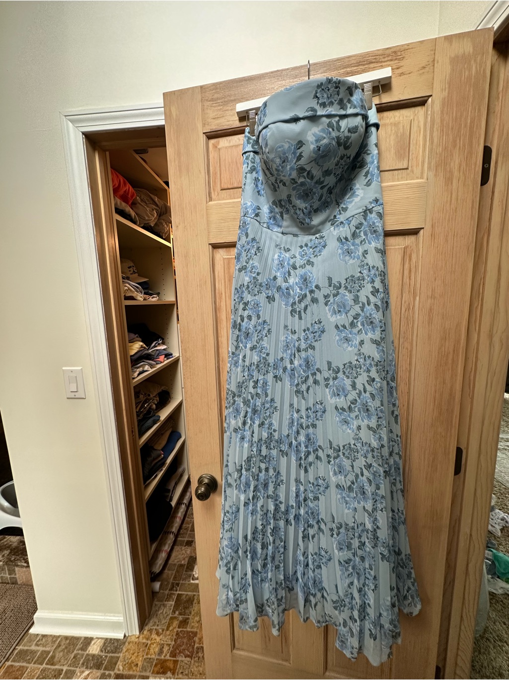 Revelry Strapless Floral Pleated Gown In Light Blue And Navy